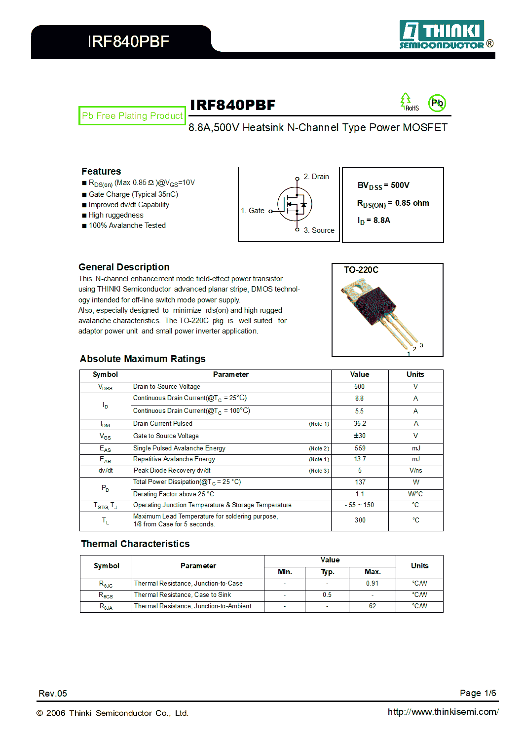 IRF840PBF Datasheet PDF Image 1