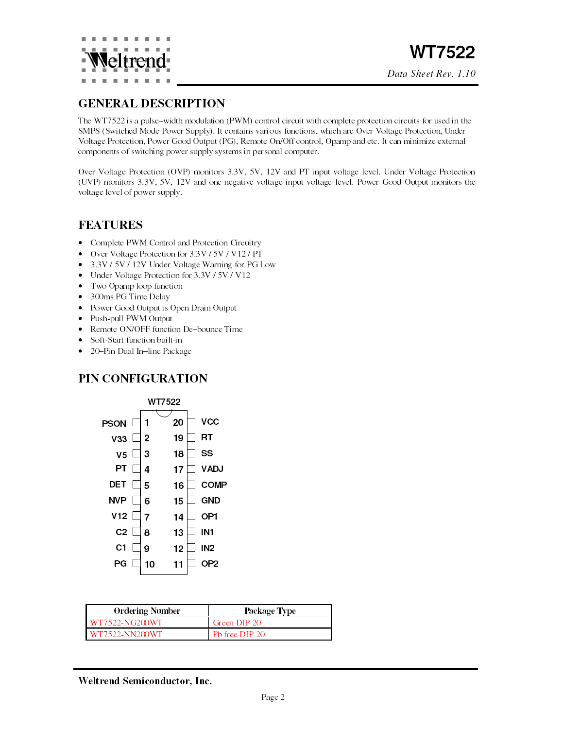 WT7522 Pinout Diagram